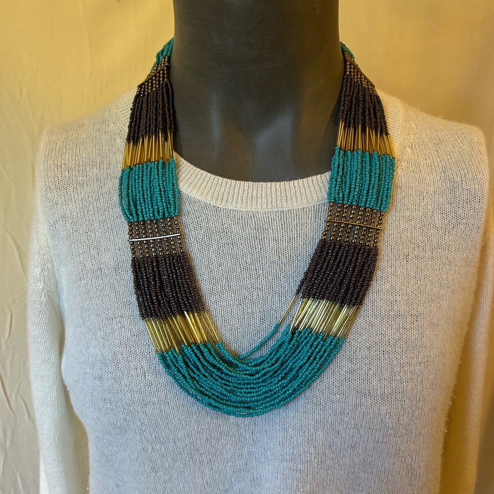 Vintage Southwest Boho Multi-Strand Turquoise Brown Seed Bead Statement Necklace
